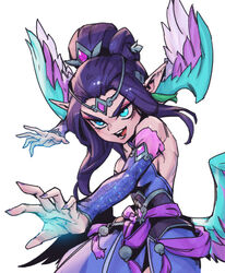  :d arm_up bare_shoulders blue_sleeves breasts detached_sleeves dress female gem green_eyes hair_bun hair_ornament large_breasts league_of_legends majestic_empress_morgana morgana_(league_of_legends) multiple_wings nail_polish official_alternate_costume official_alternate_hairstyle phantom_ix_row pink_dress pink_nails pink_sleeves pointy_ears simple_background single_hair_bun smile solo teeth tongue white_background wings 