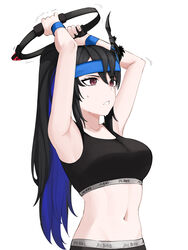  absurdres ameiarts armpits arms_up black_hair black_pants black_sports_bra blue_hair blue_headband breasts colored_inner_hair demon_horns exercising female headband high_ponytail highres hololive hololive_english horns large_breasts mole mole_under_eye multicolored_hair navel nerissa_ravencroft pants red_eyes ring-con ring_fit_adventure simple_background solo sports_bra sportswear stomach sweat two-tone_hair upper_body virtual_youtuber white_background yoga_pants 