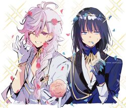  2boys absurdres anger_vein antenna_hair black_hair blue_eyes blue_gloves blue_jacket braid clenched_teeth cropped_torso fate/grand_order fate_(series) flower gloves grin hair_between_eyes hair_over_shoulder highres holding holding_flower jacket long_sleeves looking_at_viewer looking_away looking_to_the_side merlin_(fate) merlin_(overnight_dream)_(fate) mouth_hold multiple_boys oberon_(fate) oberon_(overnight_dream)_(fate) one_eye_closed petals pink_flower pink_rose purple_hair rose shirt signature simple_background single_braid smile sofra sparkle spoilers teeth twitter_username upper_body white_background white_shirt 