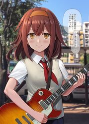  alternate_costume black_skirt blush breasts brown_eyes brown_hair building car city cloud cloudy_sky collarbone collared_shirt commentary_request cosplay cowboy_shot electric_guitar female gibson_les_paul guitar hair_between_eyes hair_flaps hairband highres hirasawa_yui hirasawa_yui_(cosplay) holding holding_instrument ichikawa_feesu instrument k-on! kantai_collection looking_at_viewer medium_hair motor_vehicle neckerchief orange_hairband outdoors partial_commentary red_neckerchief road sasebo school_uniform shiratsuyu_(kancolle) shirt skirt sky small_breasts smile solo speech_bubble street taxi translated tree vest 