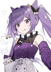  2girls :p absurdres bare_shoulders belt cake double_bun drawing food genshin_impact hair_bun heart highres keqing_(genshin_impact) long_sleeves multiple_girls nail_polish official_alternate_costume paimon_(genshin_impact) paper plaid plaid_scarf purple_eyes purple_hair scarf shrimp simple_background skirt smile sweater tongue tongue_out torry912 twintails upper_body white_background white_hair 