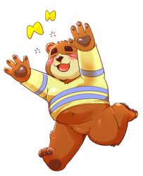  2020 animal_crossing anthro bear belly blush brown_body brown_fur closed_eyes clothing fur hi_res humanoid_hands jumperbear kemono male mammal nintendo overweight overweight_anthro overweight_male shirt simple_background solo teddy_(animal_crossing) topwear white_background 