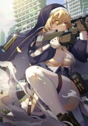  agnes_abigail ai_arctic_warfare black_footwear blonde_hair blue_hood bolt_action breasts brown_gloves building cartridge city commentary counter:side day english_commentary female full_body glint gloves glowing glowing_eye green_eyes gun habit hair_between_eyes hands_up heterochromia highres holding holding_weapon long_sleeves medium_hair niac nun on_one_knee outdoors puffy_long_sleeves puffy_sleeves rifle shell_casing skindentation skyscraper sleeve_cuffs smile smoke_trail sniper_rifle solo thighhighs thighs underboob weapon white_thighhighs yellow_eyes zipper 