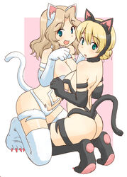  2girls alternate_eye_color animal_costume animal_ears animal_hands aqua_eyes armband ass back bare_shoulders black_gloves black_thighhighs blonde_hair blue_eyes blush braid breasts cat_costume cat_day claws cleavage collar cosplay darjeeling_(girls_und_panzer) elbow_gloves fake_animal_ears fake_tail felicia_(vampire) felicia_(vampire)_(cosplay) girls_und_panzer gloves hair_between_eyes kay_(girls_und_panzer) kneeling legs looking_at_viewer looking_back medium_hair multiple_girls navel open_mouth paw_gloves paw_pose paw_shoes pawpads pink_background revealing_clothes short_hair shoulder_blades smile tail thigh_strap thighhighs thighs uona_telepin vampire_(game) white_gloves white_legwear 