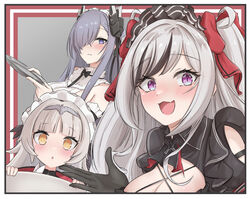  3girls august_von_parseval_(azur_lane) august_von_parseval_(the_conquered_unhulde)_(azur_lane) azur_lane black_dress black_gloves black_horns blue_hair blunt_bangs bow bowtie breasts brown_eyes cleavage cleavage_cutout clothing_cutout curled_horns dress elbe_(azur_lane) elbe_(time_to_show_off?)_(azur_lane) gloves grey_hair hair_over_one_eye headpiece highres holding holding_tray horns layered_dress maid maid_headdress mole mole_under_eye multicolored_hair multiple_girls oerba_yun_fang official_alternate_costume pink_hair purple_eyes shirt skin_fang sleeveless sleeveless_shirt slit_pupils tray uniazi_mikan z46_(azur_lane) z46_(chronicles_of_the_dust_wars)_(azur_lane) 