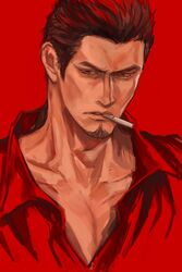  1boy aomi_nekosuki black_hair cigarette facial_hair goatee highres kiryu_kazuma male_focus manly red_shirt red_theme ryuu_ga_gotoku_(series) shirt short_hair simple_background solo unfinished upper_body 