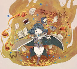  ahoge akari-tkn black_hair blue_eyes book boots breasts brown_cape burning cape character_name commentary_request copyright_name dated dress female fire full_body fur-trimmed_cape fur-trimmed_footwear fur_trim holding holding_wand long_hair magic medium_breasts open_book open_mouth papers pointy_ears purple_dress purple_footwear ragnarok_online rideword_(ragnarok_online) short_dress wand wizard_(ragnarok_online) 