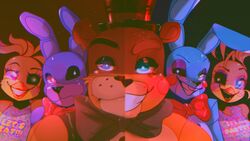  2020 ambiguous_gender animatronic anthro avian beak bear bib bird black_eyebrows black_nose black_sclera blonde_hair blue_background blue_body blue_ears blue_eyes bonnie_(fnaf) bow_tie brown_body brown_ears brown_eyebrows brown_fur buckteeth bust_portrait chica_(fnaf) chicken close-up clothing english_text exclamation_point eyebrows eyelashes female five_nights_at_freddy&#039;s five_nights_at_freddy&#039;s_2 freddy_(fnaf) fur galliform gallus_(genus) glowing glowing_eyes green_background green_eyes group hair half-closed_eyes hat headgear headwear hi_res lagomorph larahhhhhhish leporid lipstick long_ears looking_aside looking_at_viewer looking_away machine makeup male mammal multicolored_eyes multicolored_sclera narrowed_eyes open_mouth orange_beak phasianid pink_eyes pink_sclera portrait purple_body purple_ears rabbit red_background red_eyes robot round_ears scottgames short_hair simple_background smile standing teeth text top_hat toy_bonnie_(fnaf) toy_chica_(fnaf) toy_freddy_(fnaf) white_body white_eyes yellow_body 