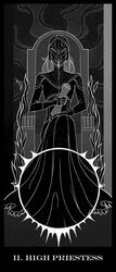  armor black_dress dark_souls dark_souls_iii dress evilyunia female from_software highres monochrome painttool_sai_(medium) scroll sitting souls_(from_software) tarot the_high_priestess throne yuria_of_londor 