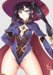  aqua_eyes ass_visible_through_thighs black_hair blunt_bangs blush breasts cape choker commentary_request contrapposto covered_navel earrings elbow_gloves female fur_trim genshin_impact gloves groin hair_ornament hand_on_own_hip hat highres jewelry leotard long_hair looking_at_viewer mona_(genshin_impact) red_cape sano_souichi see-through see-through_leotard small_breasts solo star_(symbol) star_earrings swept_bangs thigh_gap twintails two-sided_cape two-sided_fabric witch_hat 