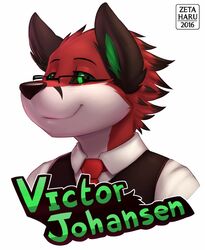  2016 anthro black_clothing black_ears black_nose black_sclera black_topwear black_vest bust_portrait canid canine character_name closed_smile clothing dated eyewear fox fur glasses green_eyes green_inner_ear looking_at_viewer male mammal mouth_closed name_badge necktie portrait red_body red_fur red_necktie shirt simple_background smile solo topwear vest victor_johansen wearing_glasses white_background white_clothing white_shirt white_topwear zeta-haru 