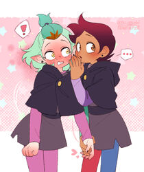  ! ... 2girls amity_blight asymmetrical_legwear asymmetrical_sleeves blue_legwear blush brown_eyes brown_hair check_commentary commentary_request dark-skinned_female dark_skin ear_blush full-face_blush green_hair green_sleeves heart holding_hands korean_commentary looking_at_another looking_to_the_side luz_noceda mismatched_legwear mismatched_sleeves multiple_girls pointy_ears purple_sleeves red_legwear short_hair spoken_ellipsis spoken_exclamation_mark su_ggushi teeth the_owl_house twitter_username whispering yellow_eyes yuri 