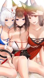  3girls akagi_(azur_lane) akagi_(paradise_amaryllis)_(azur_lane) amagi_(azur_lane) amagi_(wending_waters_serene_lotus)_(azur_lane) animal_ears artist_name azur_lane bikini black_scrunchie blue_bikini blue_eyes breast_press breasts brown_choker brown_hair brown_sash choker cleavage fox_ears fox_mask highres kaga_(azur_lane) kaga_(everlasting_killing_stone)_(azur_lane) kitsune-neko large_breasts looking_at_viewer mask mask_on_head multiple_girls official_alternate_costume open_bikini open_clothes patreon_username pixiv_username purple_eyes red_bikini red_eyes red_sarong sarong scrunchie see-through shiny_skin short_hair swimsuit thick_eyebrows thigh_strap v web_address white_bikini white_hair wrist_scrunchie 