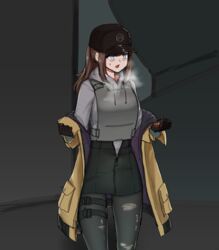  absurdres blue_eyes blush brown_hair dima_(girls&#039;_frontline) female girls&#039;_frontline hat heavy_breathing highres jonasmk long_hair nervous_sweating ponytail sidelocks solo sweat thigh_strap tom_clancy&#039;s_the_division torn_clothes torn_legwear undressing 