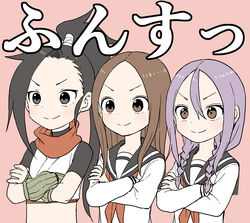  &gt;:) 3girls absurdres black_hair black_sailor_collar blush braid brown_background brown_eyes brown_hair closed_mouth commentary_request creator_connection crop_top crossed_arms crossover forehead hair_between_eyes hair_over_shoulder highres jaggy_lines karakai_jouzu_no_takagi-san kunoichi_tsubaki_no_mune_no_uchi long_hair long_sleeves looking_ahead multiple_crossover multiple_girls neck_warmer neckerchief official_art parted_bangs pink_background ponytail purple_hair red_neckerchief sailor_collar school_uniform serafuku shirt short_sleeves simple_background smile soredemo_ayumu_wa_yosetekuru takagi-san translation_request tsubaki_(kunoichi_tsubaki_no_mune_no_uchi) twin_braids upper_body v-shaped_eyebrows very_long_hair white_shirt yamamoto_souichirou yaotome_urushi 