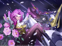  artist_request ascot black_pantyhose breasts cape code_geass code_geass:_genesic_re;code cornelia_li_britannia crossed_legs feathers female flower gloucester_(code_geass) gloves grey_gloves hand_on_own_leg head_tilt holding holding_polearm holding_weapon jacket juliet_sleeves knightmare_frame lance large_breasts leaf long_hair long_sleeves looking_at_viewer mecha official_art pantyhose parted_bangs pink_flower polearm puffy_sleeves purple_jacket purple_lips robot science_fiction smile solo_focus weapon white_ascot white_cape 