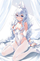  absurdres animal_ear_fluff animal_ears azur_lane bed blue_eyes blush braid breasts commentary_request covered_navel crotchless crotchless_pantyhose devil_heavens fake_animal_ears female grey_hair groin high_heels highleg highleg_leotard highres le_malin_(azur_lane) le_malin_(listless_lapin)_(azur_lane) legs leotard long_hair official_alternate_costume pantyhose pillow playboy_bunny rabbit_ears shoes simple_background sitting small_breasts solo thigh_strap thighs twin_braids twintails very_long_hair white_background white_footwear white_leotard white_pantyhose 