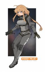  absurdres ahoge belt blonde_hair blue_eyes bodysuit braid breasts closed_mouth female full_body gloves grey_bodysuit gun highres holding holding_gun holding_weapon indie_virtual_youtuber long_hair medium_breasts military sidelocks single_braid smile solo standing virtual_youtuber weapon whiskey_project white_background xerbatt 