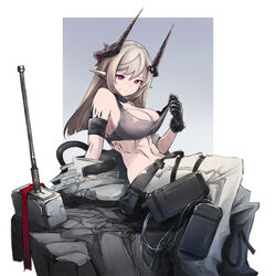  arknights bare_shoulders black_collar black_gloves black_shirt blue_background breasts cleavage coat collar crop_top demon_horns dmt_(auburn) female gloves grey_hair hair_ornament highres horns infection_monitor_(arknights) large_breasts long_hair material_growth midriff mudrock_(arknights) mudrock_(elite_ii)_(arknights) navel oripathy_lesion_(arknights) pants pink_eyes pointy_ears rock shirt shirt_tug sitting solo two-tone_background unworn_coat war_hammer weapon white_background white_coat white_pants 