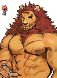  abs animal_crossing anthro brown_body brown_fur brown_hair brown_mane claws dopq facial_hair fangs felid fur hair hi_res lion male mammal mane muscular muscular_anthro muscular_male nintendo nipples nude pantherine pecs rory_(animal_crossing) scar simple_background solo teeth white_background 