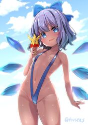  blue_bow blue_eyes blue_hair blue_slingshot_swimsuit blush bow breasts cirno cloud cowboy_shot female food hairbow highres ice ice_cream ice_wings melting navel outdoors parted_lips short_hair sky slingshot_swimsuit small_breasts smile solo sweat swimsuit tan touhou tousen wings 