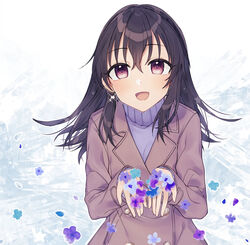  :d bad_id bad_pixiv_id black_hair blue_flower blush brown_coat brown_eyes coat commentary earrings female flower fujiwara_hajime glint hair_between_eyes hands_up highres holding holding_flower idolmaster idolmaster_cinderella_girls jewelry long_hair looking_at_viewer minamiya_mia open_mouth petals purple_flower purple_sweater smile solo star_(symbol) sweater turtleneck turtleneck_sweater 