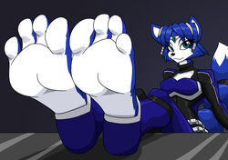  2017 4_toes absurd_res accessory anthro barefoot belt biped blue_body blue_fur blue_hair bodysuit canid canine clothing feet female foot_fetish foot_focus fox fur furgonomics green_eyes hair hair_accessory hi_res humanoid_feet jewelry krystal_(star_fox) mammal mostlyfunstuff nintendo plantigrade short_hair signature skinsuit smile soles solo star_fox tail tail_accessory tailband third-party_edit tight_clothing toeless_legwear toes white_body white_fur 