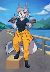  2020 absurd_res anthro clothed clothing cloud day detailed_background digital_media_(artwork) domestic_cat ear_tuft felid feline felis female fishing_rod full-length_portrait fully_clothed fur gloves grey_body grey_fur handwear hi_res holding_object hybrid inner_ear_fluff kelly_(ruribec) lynx mammal mountain open_mouth open_smile outside portrait ruribec shirt sky smile solo somali_cat t-shirt topwear tuft whiskers white_body white_fur yellow_eyes 