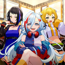  3girls album_cover bare_shoulders black_hair black_jacket black_shorts blonde_hair blue_dress blue_eyes blue_hair blue_shirt commentary_request cover cropped_jacket crossed_legs denonbu dress fangs green_eyes hair_between_eyes hair_ornament hairclip headphones headphones_around_neck highres houou_karin jacket long_hair_between_eyes long_sleeves looking_at_viewer multicolored_hair multiple_girls official_art puffy_long_sleeves puffy_sleeves purple_hair seto_mitsuki_(denonbu) shirt short_shorts shorts sitting sleeveless sleeveless_dress sleeveless_shirt sleeves_past_fingers sleeves_past_wrists streaked_hair taiga_lucia v-shaped_eyebrows white_jacket white_shirt yuu_(higashi_no_penguin) 