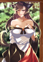  :d animal_ear_fluff animal_ears bare_shoulders blush breasts brooch brown_hair cleavage commentary doorway dress eyelashes female highres imaizumi_kagerou jewelry kurokan_(kokkyou_oudan) large_breasts long_hair oerba_yun_fang off-shoulder_dress off_shoulder open_mouth parted_bangs red_eyes smile solo touhou wolf_ears 