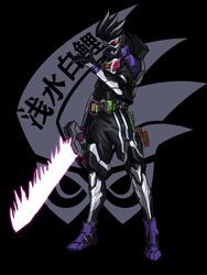  1boy 3ok absurdres armor belt breastplate gamer_driver gashacon_breaker genm_level_0 highres kamen_rider kamen_rider_ex-aid_(series) kamen_rider_genm male_focus mighty_action_x_level_2 red_eyes silver_legwear solo spikes tokusatsu visor 