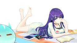  alternate_costume arm_rest barefoot blunt_bangs book casual chips_(food) choker closed_eyes czk feet feet_up female food full_body genshin_impact highres long_hair lying nintendo_switch off_shoulder on_stomach potato_chips purple_eyes purple_hair raiden_shogun shirt short_sleeves simple_background slime_(genshin_impact) smile solo the_pose toes undershirt white_background white_shirt 