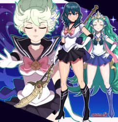  2girls absurdres adapted_costume alternate_costume areadbhar_(fire_emblem) bishoujo_senshi_sailor_moon blue_hair boots bow breasts byleth_(female)_(fire_emblem) byleth_(fire_emblem) choker cleavage closed_eyes covered_navel elbow_gloves english_commentary enlightened_byleth_(female) fire_emblem fire_emblem:_three_houses gloves green_hair highres knee_boots leotard looking_at_viewer multiple_girls official_alternate_hair_color pleated_skirt pointy_ears polearm sailor_collar sailor_senshi_uniform sarukaiwolf scene_reference school_uniform serafuku skirt smile sothis_(fire_emblem) tiara unofficial_sailor_senshi_uniform weapon white_gloves white_leotard 