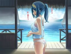  ass blue_eyes blue_hair blush breasts ero_kaeru female lana&#039;s_mother_(pokemon) long_hair looking_at_viewer mature_female open_mouth panties pokemon pokemon_(anime) pokemon_sm_(anime) ponytail smile solo underwear white_panties 