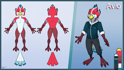  16:9 anthro avian avio_(avioylin) avioylin bird bottomwear clothed clothing feathers hi_res jacket looking_at_viewer male model_sheet pants simple_background solo standing tail tail_feathers topwear widescreen 