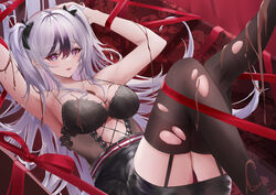  :d absurdres arms_behind_head arms_up azur_lane bare_shoulders belt belted_skirt black_bow black_bra black_hair black_skirt black_thighhighs blush bow bra breasts chocolate chocolate_on_body chocolate_on_breasts chocolate_on_legs cleavage commentary_request corset earrings elbe_(azur_lane) elbe_(pure-hearted_bad_girl)_(azur_lane) female floral_print food_on_body garter_straps hairbow highres jewelry kirisamede_gzr knees_together_feet_apart knees_up lace-trimmed_bra lace_trim leg_up long_hair lying miniskirt multicolored_hair no_shirt o-ring o-ring_belt on_back outstretched_leg panties pantyhose pink_eyes red_panties skirt smile solo streaked_hair thighhighs torn_clothes torn_pantyhose two-tone_hair underwear upskirt valentine very_long_hair white_hair 