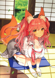  absurdres animal_ear_fluff animal_ears bow breasts brown_eyes buttons cleavage fate/extella fate/extra fate_(series) female fox_ears fox_girl fox_tail full_body hairbow highres indoors large_breasts leaf lips long_hair looking_at_viewer pink_hair scan seiza shadow shirt simple_background sitting skirt sleeves_rolled_up smile socks solo table tail tamamo_(fate) tamamo_no_mae_(fate/extra) tamamo_no_mae_(jk)_(fate) tatami wada_arco window_shadow 