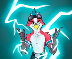  anthro avian avio_(avioylin) beak bird clothed clothing electricity enthief eyewear feathers gesture glasses hand_gesture male partially_clothed pointing solo sparks topless 