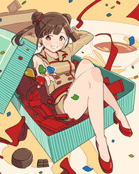  bare_legs brown_eyes brown_hair brown_jacket brown_shorts chocolate commentary_request confetti double_bun female giving hair_bun highres idolmaster idolmaster_shiny_colors jacket kakuzato knees_up looking_at_viewer red_footwear short_twintails shorts sitting solo sonoda_chiyoko thighs twintails 