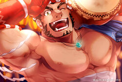  1boy abs bara beard chest_hair commentary drum facial_hair fangs fangs_out goatee green_eyes hachimaki headband instrument jewelry large_pectorals long_sideburns magatama magatama_necklace male_focus mature_male midriff_sarashi muscular muscular_male necklace nejiri_hachimaki nipples open_mouth pectorals sarashi short_hair sideburns smile solo sumi_wo_hakuneko tajikarao_(housamo) thick_eyebrows tokyo_afterschool_summoners twitter_username upper_body 