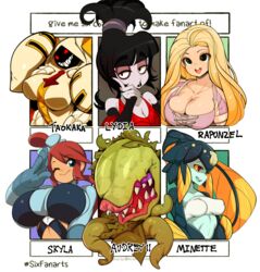  6+girls :d ;&gt; absurdres alternate_breast_size audrey_ii beetlejuice black_hair blazblue blonde_hair blue_eyes blue_gloves blunt_bangs breasts character_name cleavage collarbone colored_sclera colored_skin covered_nipples crossover english_text gloves green_eyes green_skin highres hood hooded_jacket huge_breasts jacket large_breasts little_shop_of_horrors long_hair looking_at_viewer lydia_deetz medium_breasts minette_(skullgirls) monster multiple_crossover multiple_drawing_challenge multiple_girls one_eye_closed open_mouth pale_skin pokemon pokemon_bw rapunzel_(disney) red_eyes red_hair salute sharp_teeth short_hair six_fanarts_challenge skullgirls skyla_(pokemon) slugbox smile tangled taokaka teeth tentacle upper_body yellow_sclera 