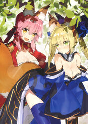  2girls absurdres animal_ears blonde_hair blush bow breasts brown_eyes cleavage closed_mouth cosplay costume_switch epaulettes fate/extra fate_(series) fox_ears gold_trim green_eyes hair_bun hairbow highres japanese_clothes kimono long_hair medium_breasts multiple_girls nero_claudius_(fate) nero_claudius_(fate/extra) nero_claudius_(fate/extra)_(cosplay) oerba_yun_fang pink_hair ponytail puffy_sleeves scan skin_fang tamamo_(fate) tamamo_no_mae_(fate/extra) tamamo_no_mae_(fate/extra)_(cosplay) thighhighs wada_arco wide_sleeves zettai_ryouiki 