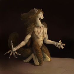  1:1 ambiguous_gender anthro brown_background brown_body brown_hair classical claws deity demon diorionarh emotional feeling female fur gesture hair hand_gesture hi_res kneeling looking_at_another muscular muscular_female mythology renaissance sad simple_background solo tan_body unknown_species 