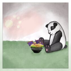  1:1 2020 anthro bat bear black_body black_fur bodily_fluids border bowl container deke_(ittybittykittytittys) drooling duo flag food fuel_(artist) fur giant_panda humor mammal membrane_(anatomy) membranous_wings noodles ramen sad_panda saliva sitting third-party_edit unknown_artist white_body white_border white_fur wings 