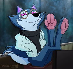  anthro bottomless canid canine canis chair chalkboard clothed clothing coat dreamworks eyewear furniture glasses good_billions_(kipo) hand_in_pocket hi_res information_board inside kipo_and_the_age_of_wonderbeasts lab_coat looking_at_viewer male mammal netflix partially_clothed paws pawzzhky pockets raised_paw sitting smile solo sweater teeth topwear turtleneck watermark wolf 