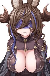  animal_ears asamura_hiori black_dress blindfold breasts brown_hair cleavage cleavage_cutout clothing_cutout dress extra_ears female galleon_(granblue_fantasy) galleon_(life&#039;s_compassionate_observer)_(granblue_fantasy) granblue_fantasy highres horns large_breasts long_hair long_sleeves multicolored_hair official_alternate_costume pointy_ears smile solo streaked_hair swept_bangs 