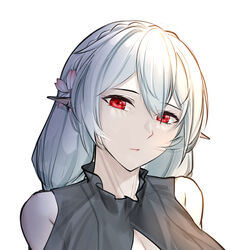  arknights bare_shoulders braid clothing_cutout commentary crown_braid female flower hair_between_eyes hair_flower hair_ornament head_tilt highres irkawaza long_hair looking_at_viewer pointy_ears red_eyes shoulder_cutout simple_background solo upper_body warfarin_(arknights) warfarin_(casual_vacation)_(arknights) white_background white_hair 