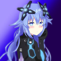  blue_eyes blush bodysuit breasts commentary_request embarrassed female hair_between_eyes headgear highres long_hair looking_at_viewer neptune_(series) next_purple power_symbol power_symbol-shaped_pupils purple_hair purple_heart_(neptunia) skin_tight solo symbol-shaped_pupils upper_body user_htzz7884 