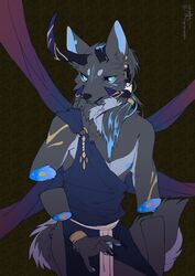  anthro blue_eyes broken_horn candy_gore canid canine canis circle_eyebrows depravedstar eyebrows fur gore grey_body grey_fur hair hi_res horn male mammal neck_tuft nipples ponytail severed_body_part severed_limb solo tattoo tuft wolf 