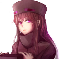  ander_(at2.) at2. brown_hair close-up commentary enderman expressionless female highres lips long_hair long_sleeves looking_at_viewer minecraft original personification purple_eyes solo upper_body 